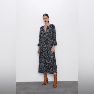 Zara Black white floral tiered button down midi dress L